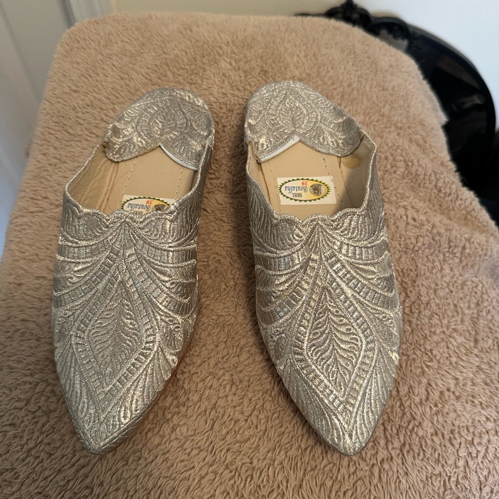 Authentic Moroccan Silver Embroidered Women's Mules